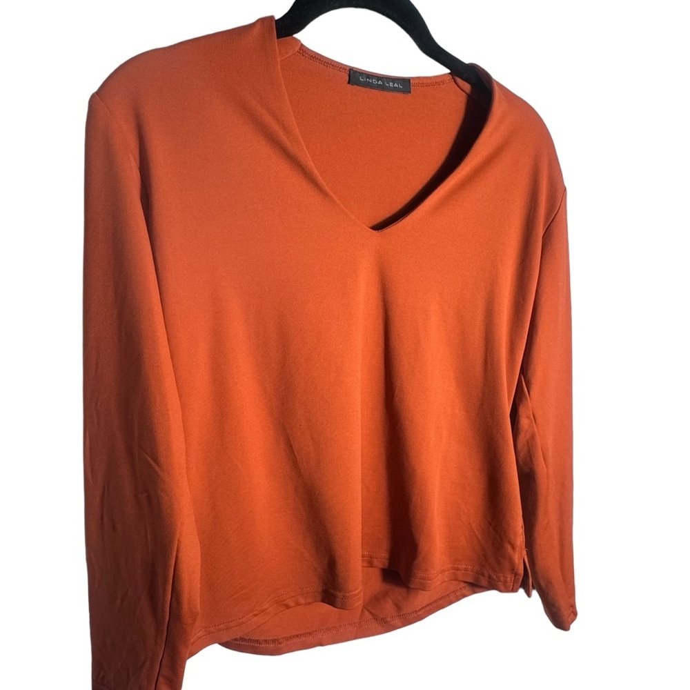 LINDA LEAL 90s y2k  BURNT ORANGE Stretch V Neck Shirt 3/4‎ Sleeve Stretch soft